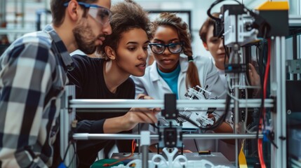 Group of Students in Lab Engaged in Robotics Project During Afternoon Class