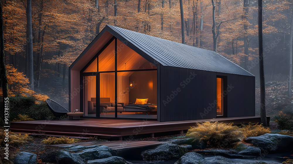 Sticker Modern Cabin in the Woods - 3D Illustration