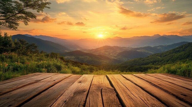 A vibrant sunset casts warm hues across mountain peaks, while a rustic wooden table invites contemplation in the serene natural setting