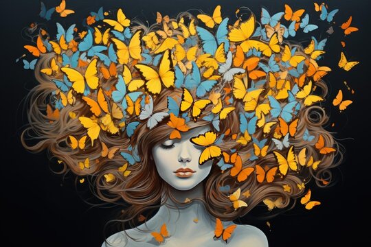 Artistic portrayal of a woman with butterflies for hair, symbolizing transformation