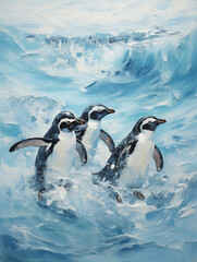 Obraz premium Penguins in Ocean Waves, Watercolor Style, Blue and White, Marine Life