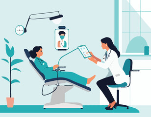 Doctor Dentist Conducting Health Medical Check Up Treatment Looking at Patient Oral Cavity. Woman in Medical Chair 

