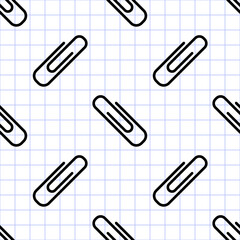 Black line paper clip on white checkered notebook background. Vector seamless pattern.