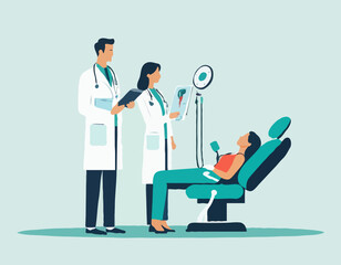 Doctor Dentist Conducting Health Medical Check Up Treatment Looking at Patient Oral Cavity. Woman in Medical Chair 
