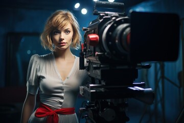 Portrait of a stylish young actress posing beside a film camera in a studio setting