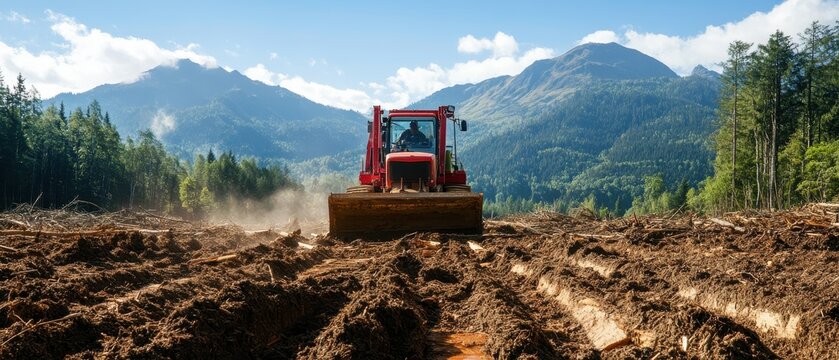 Bulldozer Clearing Forest Land with Mountainous Background on a Sunny Day