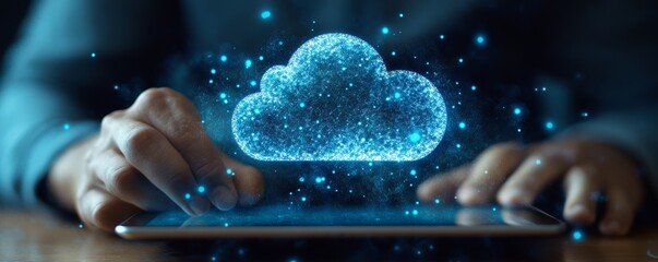 An icon of a man's finger touching a tablet, an icon of a cloud service, and a global data icon.