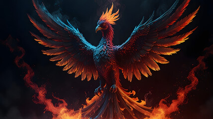 hologram of a mythical phoenix appearing in fire, Dark background, red smoke