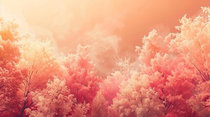  A forest teeming with trees sporting pink and orange leaves beneath an overcast sky, backdrop of pink and orange hues