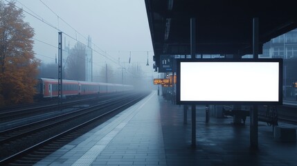 Foggy train station with blank display screens.