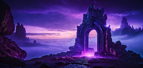 Illustration of a stone gate on top of misty mountains. Ancient ruins of a lost civilization
