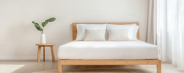 Eco-friendly bamboo bed frame with minimalist design in a cozy bedroom, sustainable furniture, modern comfort