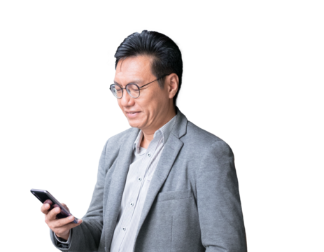 Asian Chinese businessman wearing jacket using phone, isolated on transparent background.