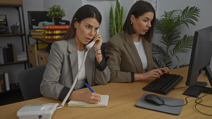 Two hispanic women working together in a modern office, one talking on the phone and taking notes...