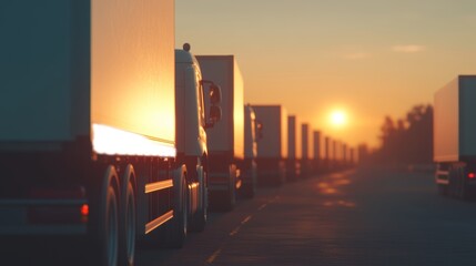 The fading light of dusk on a highway is accompanied by a line of white semi-trucks driving on it.