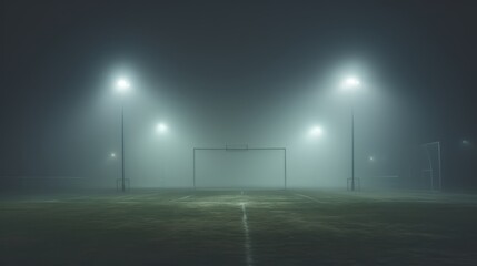 Foggy night sports oval with illuminated goal posts: eerie atmosphere of a fog-enveloped field capturing the serenity and stillness of a nighttime sports ground with distant glow from floodlights. Per