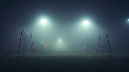 Foggy night sports oval with illuminated goal posts: eerie atmosphere of a fog-enveloped field capturing the serenity and stillness of a nighttime sports ground with distant glow from floodlights. Per