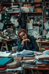 Stressed Employee in Cluttered Office Highlighting Workplace Stress and Overload