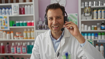 Hispanic man wearing headset smiles while working in a pharmacy with shelves full of products in...