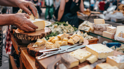a cheese vendor offering samples at a market, with a variety of cheeses displayed on a wooden board and a backdrop of a busy market scene