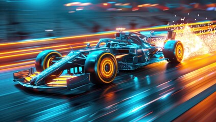 Fototapeta premium Formula One Race Car in Motion with Glowing Wheels and Tire Smoke