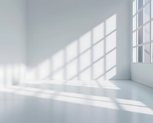 Fototapeta premium A bright white room with light shining through the window, casting soft shadows on an empty wall. creating an abstract and minimalist background for product display or presentation