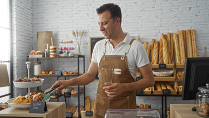 Hispanic man working in a bakery shop arranging pastries indoors with fresh bread in the background
