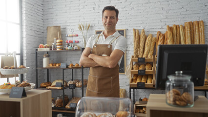 Middle-aged hispanic man standing confidently in a bakery shop with arms crossed and surrounded by shelves of fresh bread and pastries under natural indoor lighting