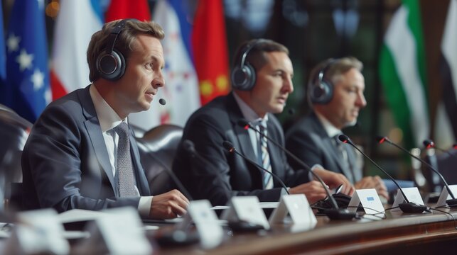 International Diplomats Engaging in Multilingual Talks During Conference in Modern Conference Hall