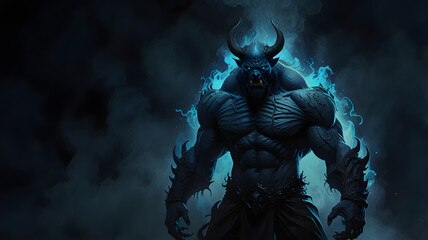 Fototapeta premium Otherworldly Infernal Beast: Demonic Fantasy Character with Blue Smoke on a Dark Background