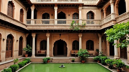 A traditional Indian courtyard with a small pond and fountain in the center, surrounded by columns and arches.