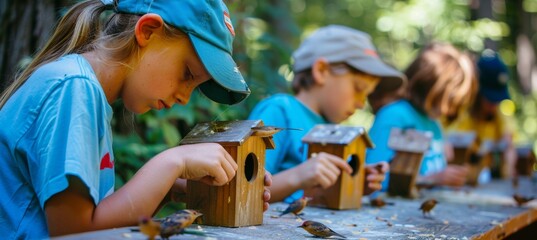 Children Building Birdhouses at Environmental Camp for Wildlife Conservation Education