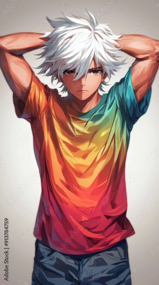 Wall mural A stylish young man with white hair poses confidently in a colorful gradient t-shirt, showcasing modern fashion trends.