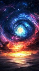 Obraz premium A stunning cosmic swirl of colors, depicting a vibrant galaxy merging with a serene ocean sunset.