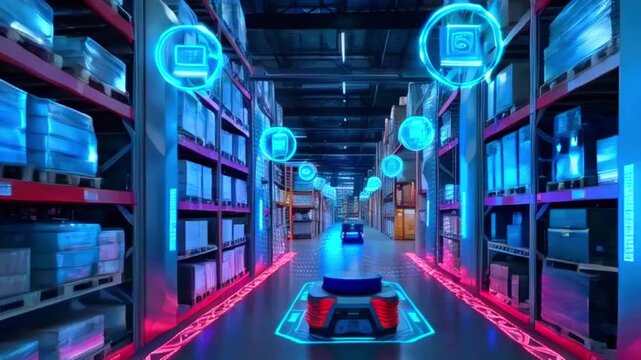Autonomous robot navigating through a futuristic warehouse with blue and red lighting and holographic displays.