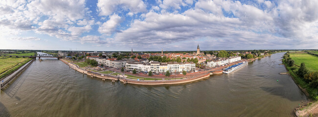 Picturesque countenance panorama aerial of Zutphen in The Netherlands seen from the river IJssel...