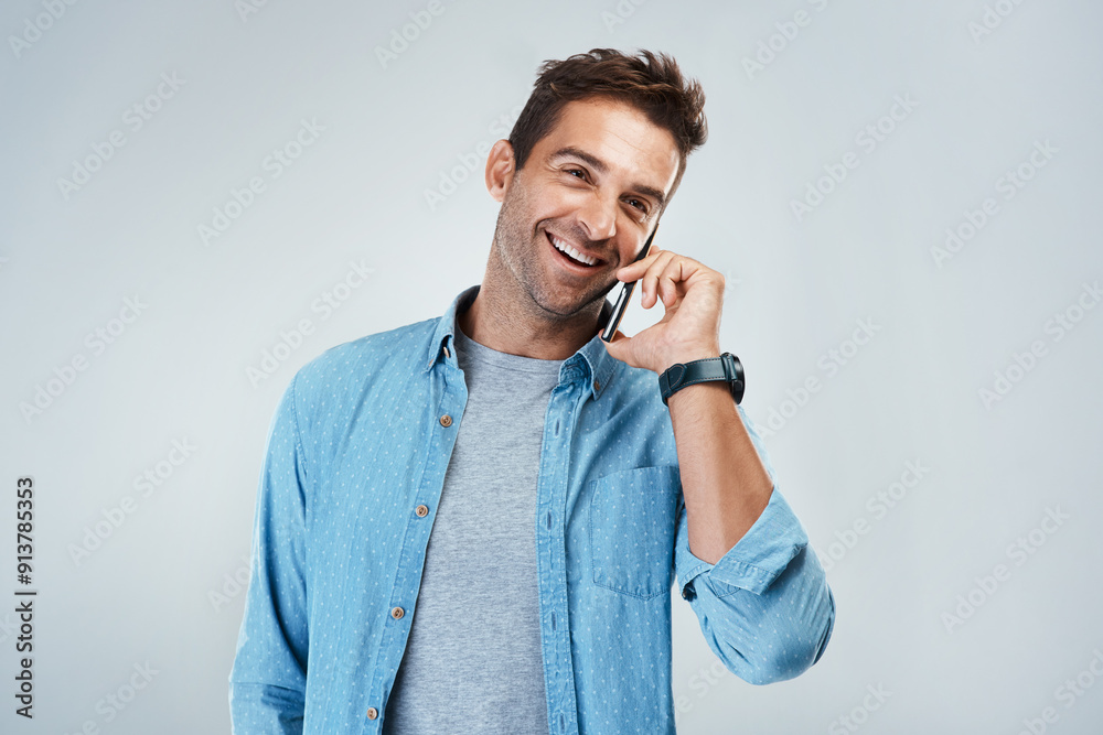 Poster Phone call, smile and thinking with man in studio on white background for communication or conversation. Contact, funny and laughing with happy person speaking on mobile for chatting or networking