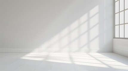 Fototapeta premium A bright white room with light shining through the window, casting soft shadows on an empty wall. creating an abstract and minimalist background for product display or presentation