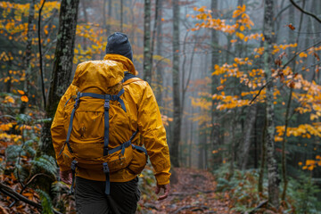 Obraz premium Hiker with a yellow rain jacket and backpack walking through a misty autumn forest, surrounded by vibrant orange leaves.