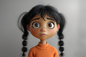 Adorable cartoon girl with big brown eyes, freckles, and pigtails, wearing an orange sweater and looking sad