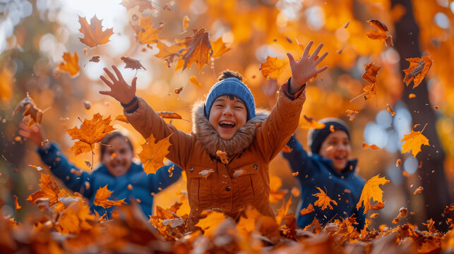 Children joyfully playing and throwing autumn leaves in a vibrant fall forest