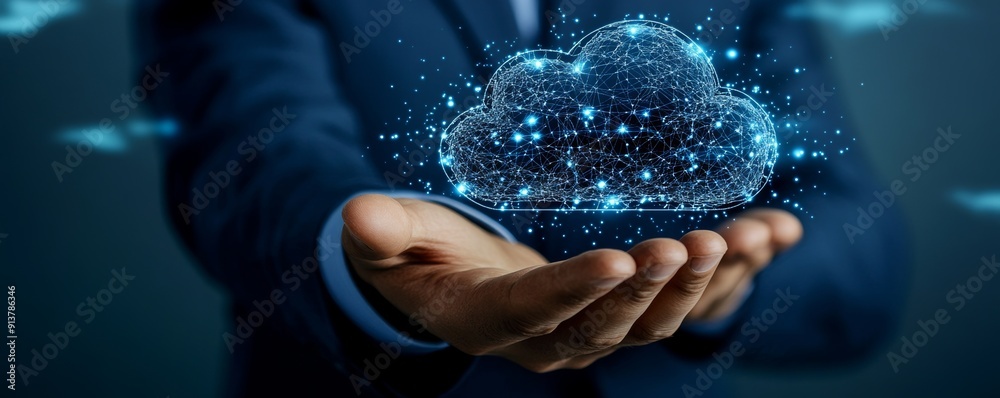 Aufkleber a man touches a binary cloud to store and backup data.