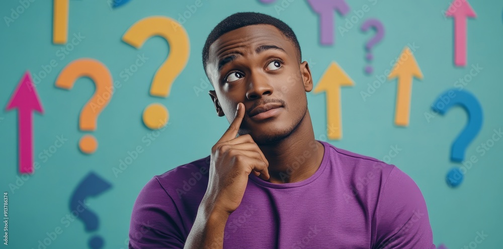 Wall mural on a light background, there is a man surrounded by colorful arrows and question marks