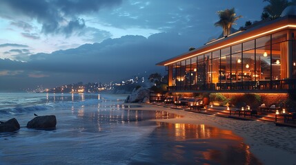 Close up of the glowing light bulbs at the beach cafe terrace. Sun is setting