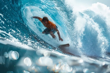 Surfer riding a massive wave in vibrant blue ocean with sunlit water droplets