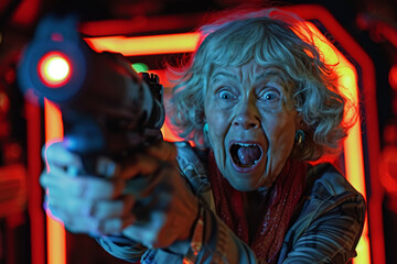 Elderly woman with blonde hair holding a laser gun in a neon-lit futuristic setting