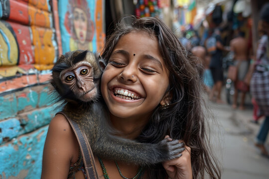 Joyful young girl with a monkey on her shoulder, both smiling in a vibrant street scene