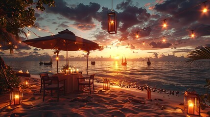 Close up of the glowing light bulbs at the beach cafe terrace. Sun is setting