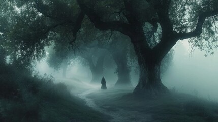 A misty morning in a mystical park, with ancient trees shrouded in fog and a mysterious figure walking along a meandering path. The ethereal atmosphere draws inspiration from the fantasy works