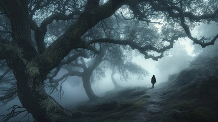 A misty morning in a mystical park, with ancient trees shrouded in fog and a mysterious figure walking along a meandering path. The ethereal atmosphere draws inspiration from the fantasy works